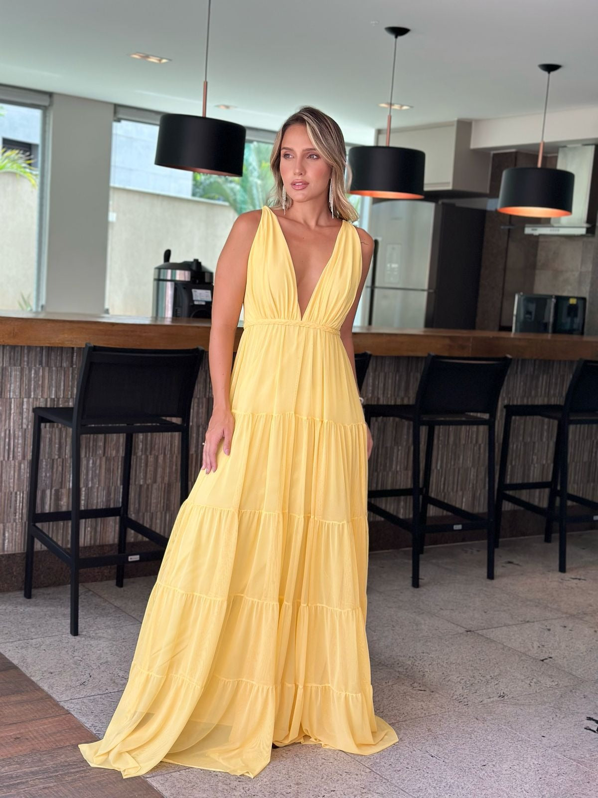 Vestido Longo Amanda Tule Amarelo