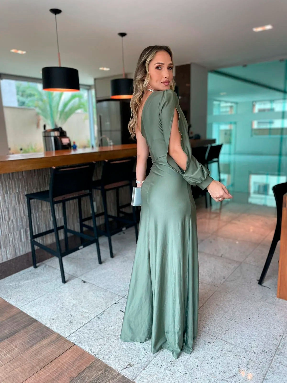 Vestido Longo Larissa Oliva Jersey brilhante