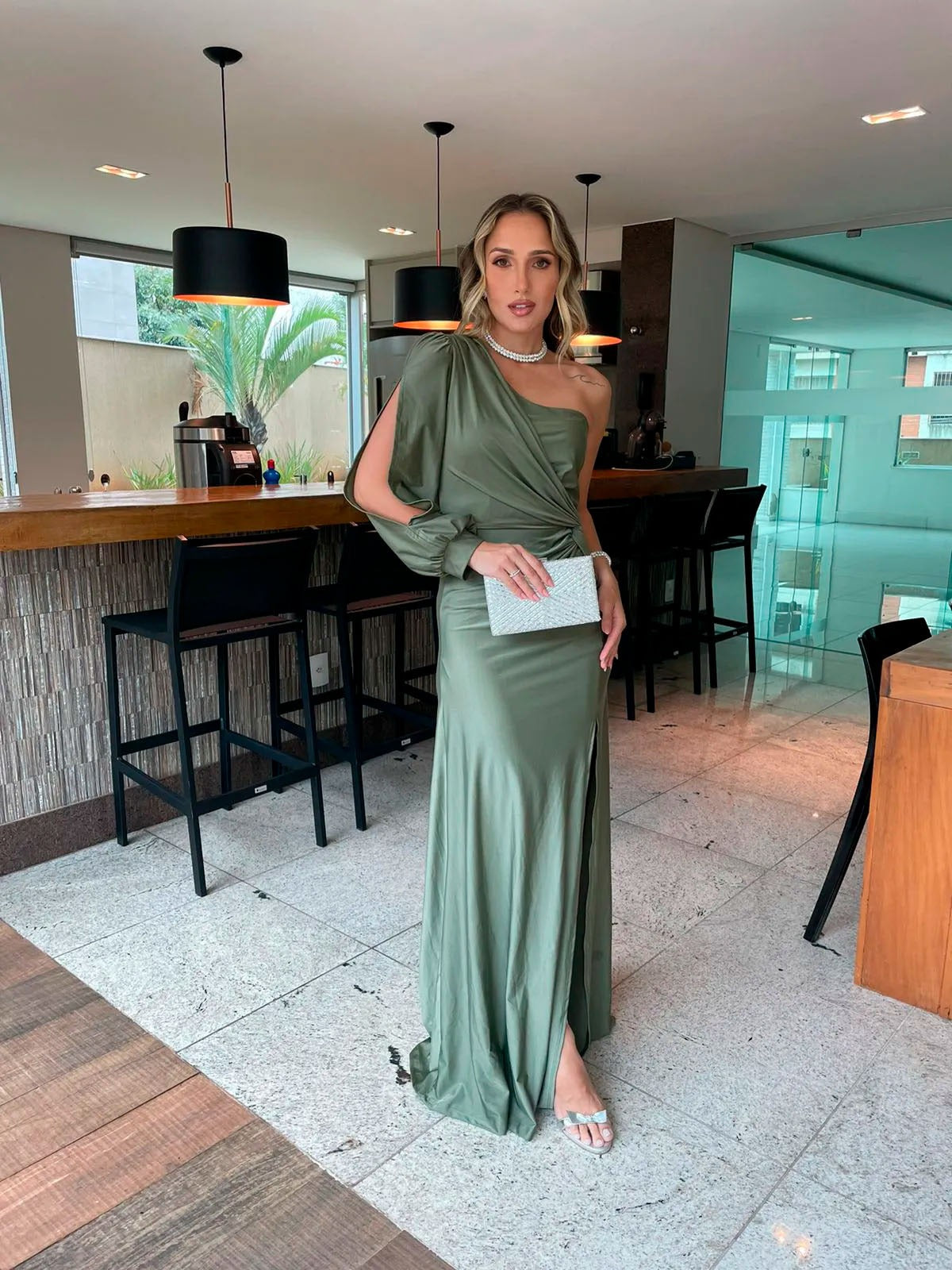 Vestido Longo Larissa Oliva Jersey brilhante
